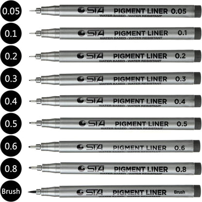 9 Fineliner Stifte Set - Pigmentliner, wasserdicht, zum Skizzieren, Zeichnen, Illustration - Schwarz