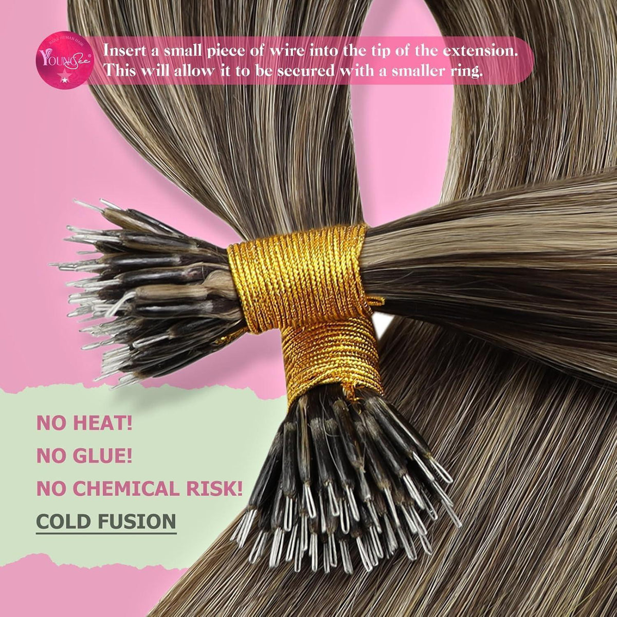 Dunkelbraunes Echthaar Nanoring Extensions 40cm - Karamellblond Highlight