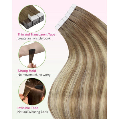 Echthaar Tape-in Extensions Hellbraun Ombre Blond 40cm