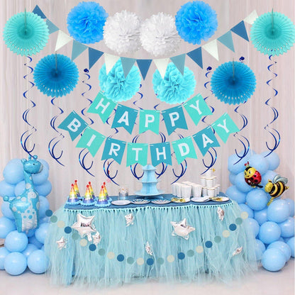 Geburtstagsdeko blau Happy Birthday Wimpelkette Banner Pompoms Papier Girlanden Luftballon