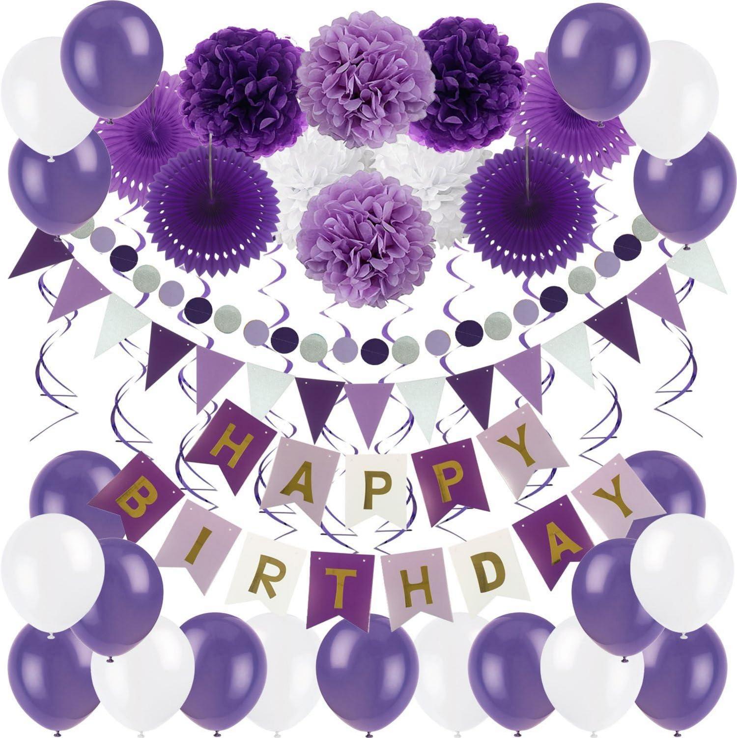 Geburtstagsdeko Violett Happy Birthday Banner Pom Poms Fans Fächer