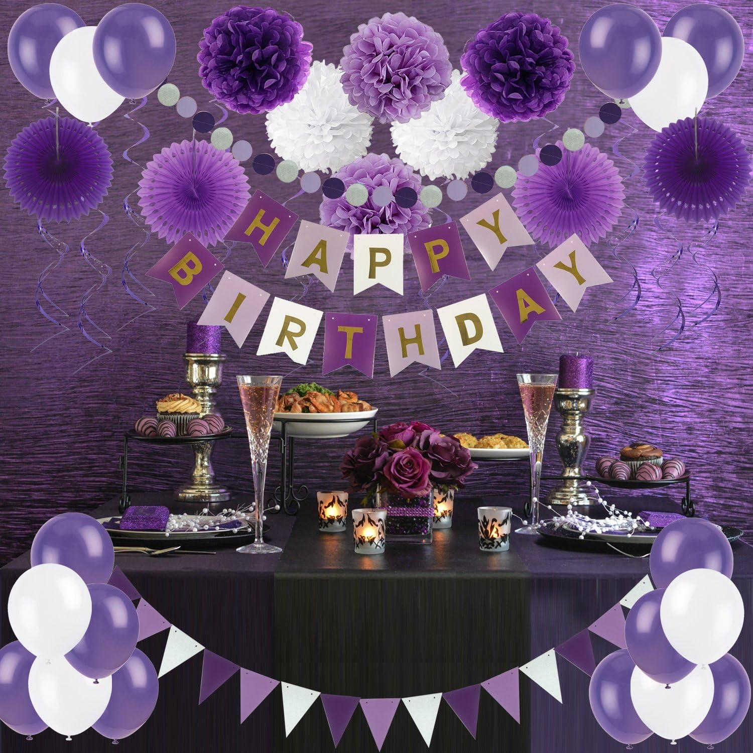 ZERODECO Violett Happy Birthday Deko Set Pompoms Papier Fans Fächer Luftballon