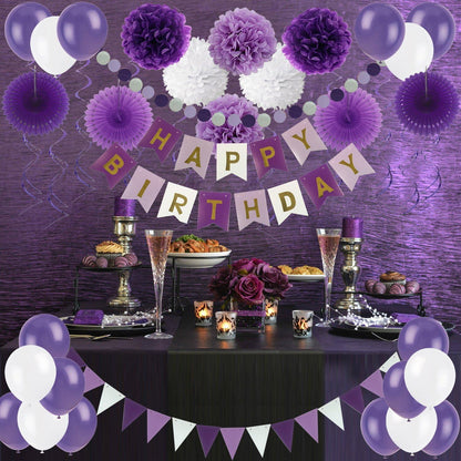 ZERODECO Violett Happy Birthday Deko Set Pompoms Papier Fans Fächer Luftballon