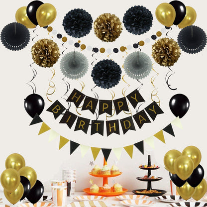 ZERODECO Geburtstagsdeko Schwarz Gold Wimpelkette Pompoms Fans Luftballon