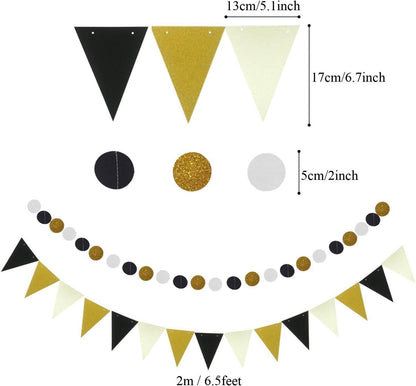 Happy Birthday Deko Set Schwarz Gold Papier Fans Pompoms Luftballon