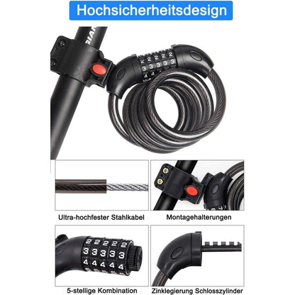 Fahrradschloss mit 120cm Kabel, 5-Stelliger