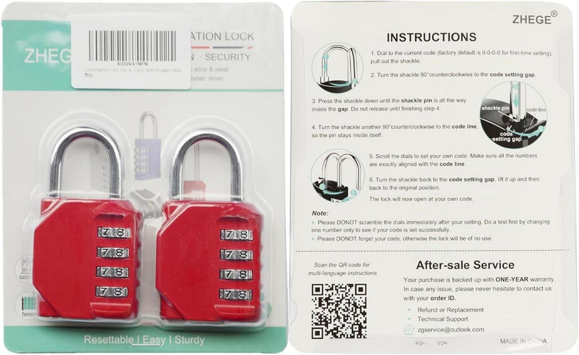 Zahlenschloss 4-stellig Fitness, Schule, Outdoor, Mitarbeiterschließfach Rot 2er-Pack