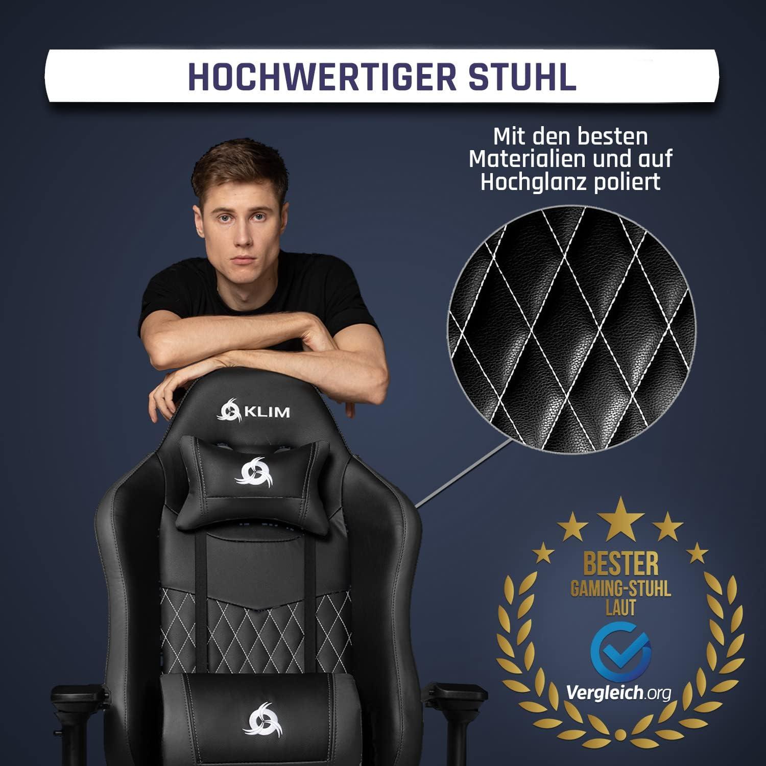 KLIM Esports Gaming Stuhl mit Lenden- & Nackenstütze - Verstellbar - Ergonomisch - 150 kg Belastbarkeit - Schwarz