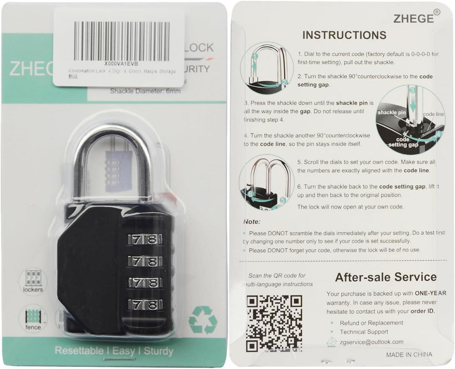 4-stelliges Vorhängeschloss Zahlencode wetterfest Fitnessstudio Tür - Schwarz