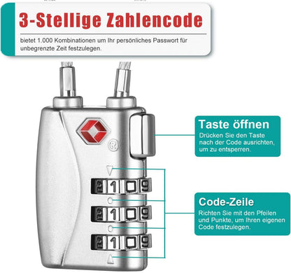 Zahlenschloss Koffer TSA Kabelschloss Set 2 Stücke Silber