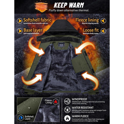 Herren Winterjacke Warme Fleece Ski Kapuze Armeegrün Größe S