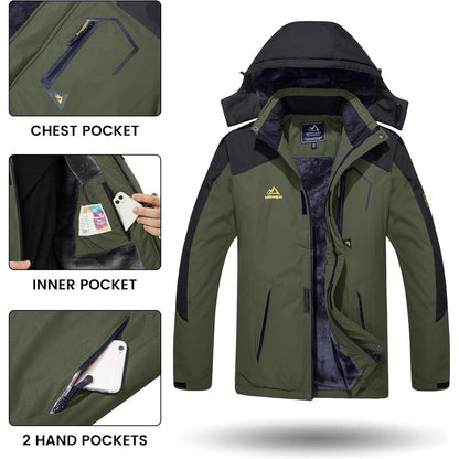 Herren Winterjacke Warme Fleece Ski Kapuze Armeegrün Größe S