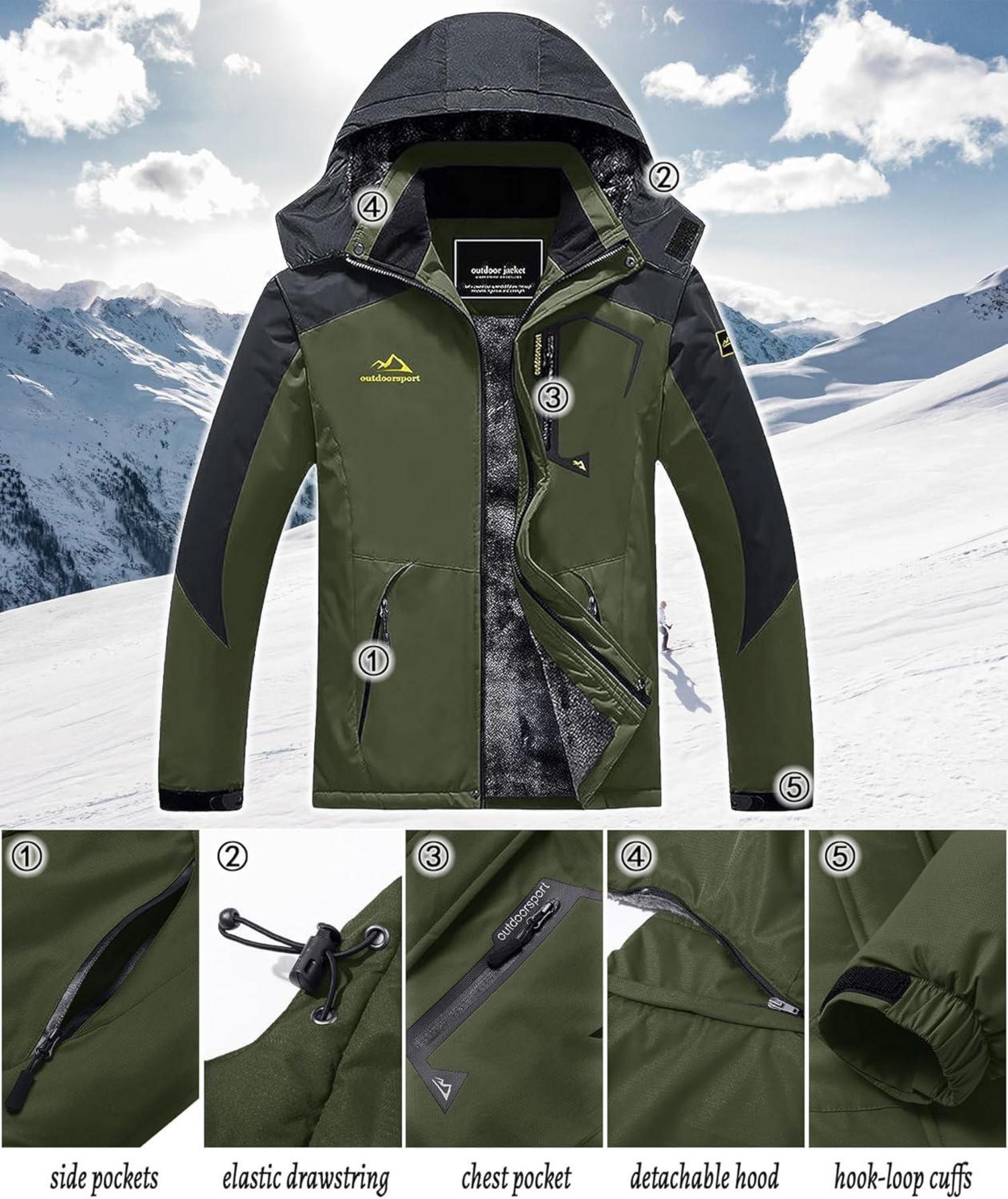 Herren Winterjacke Warme Fleece Ski Kapuze Armeegrün Größe S