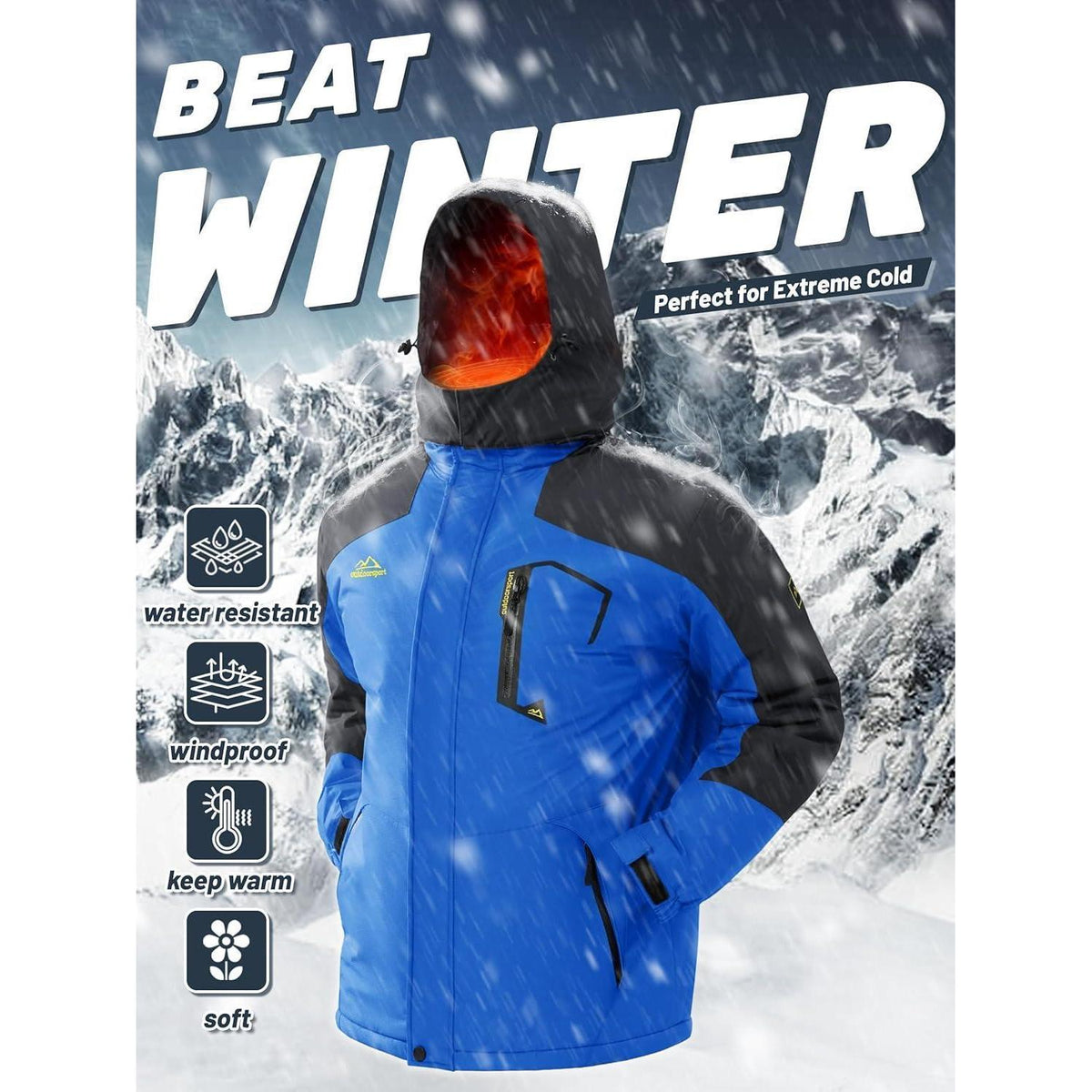 Herren Winterjacke wasserdicht warm mit Kapuze Blau