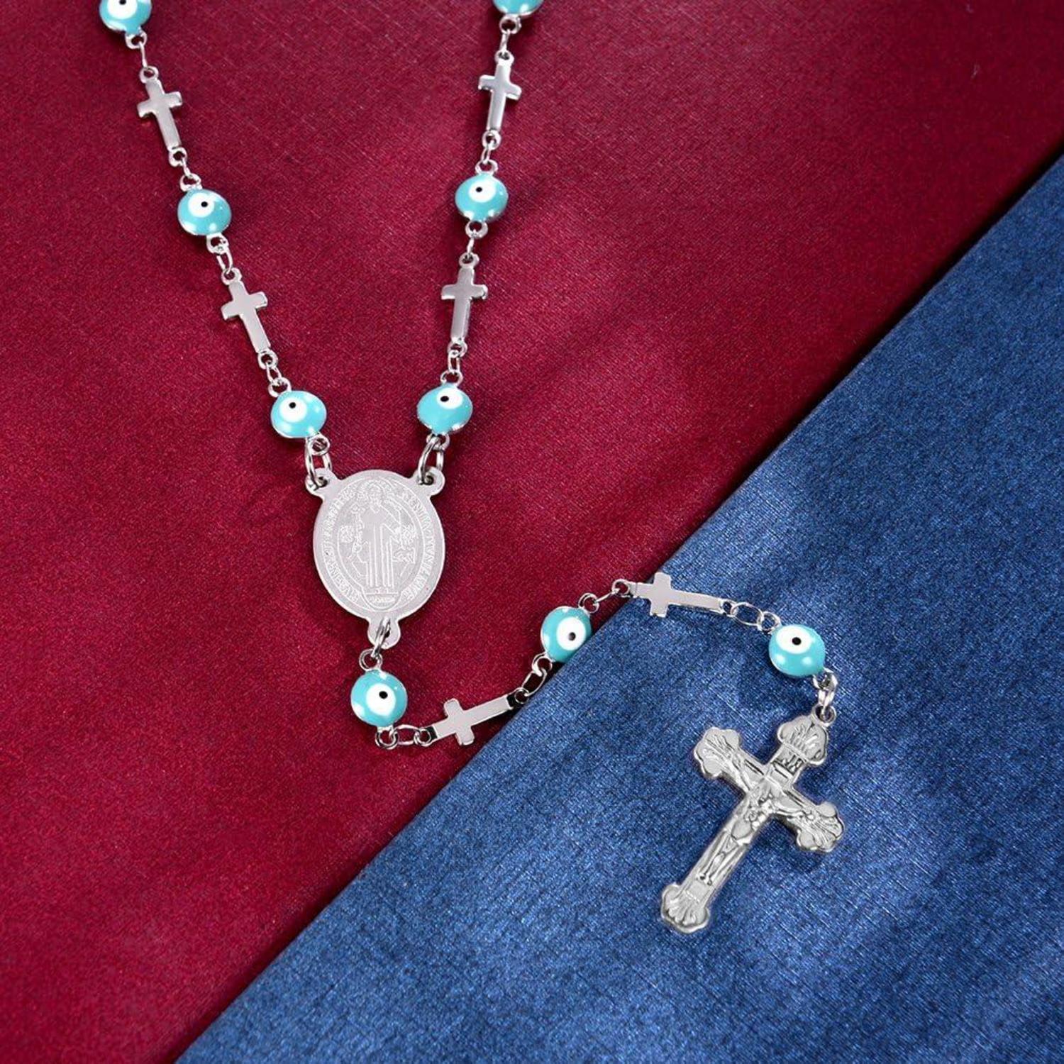 FaithHeart Damen Rosenkranz Halskette mit Heiliger Benedikt Anhänger, Geschenkbox für Weihnachten