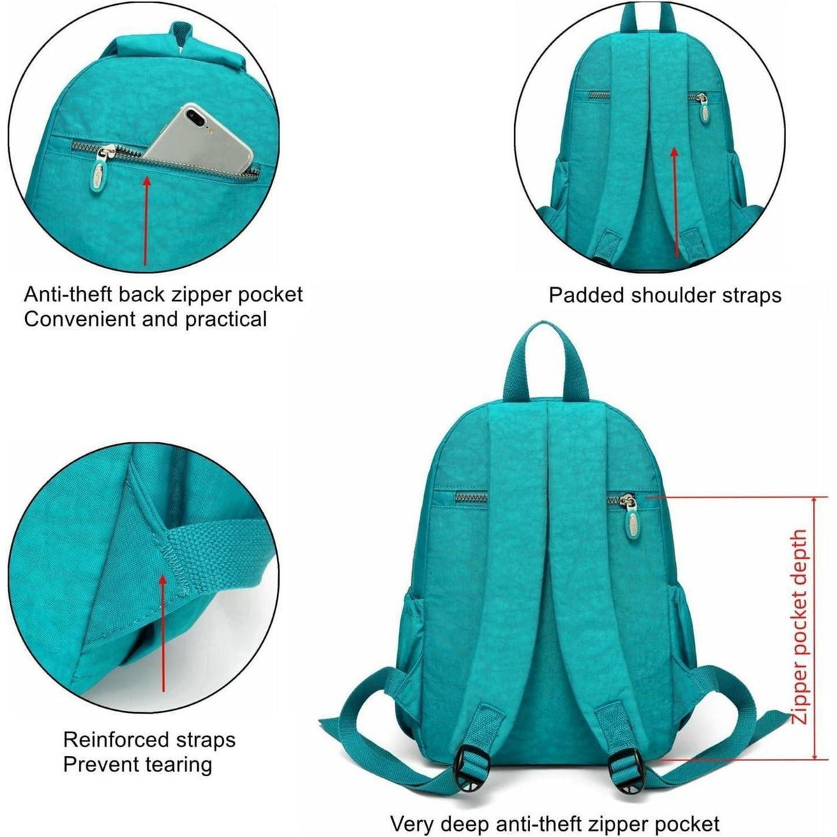 Damen Rucksack Klein Leicht Nylon Türkis 9L