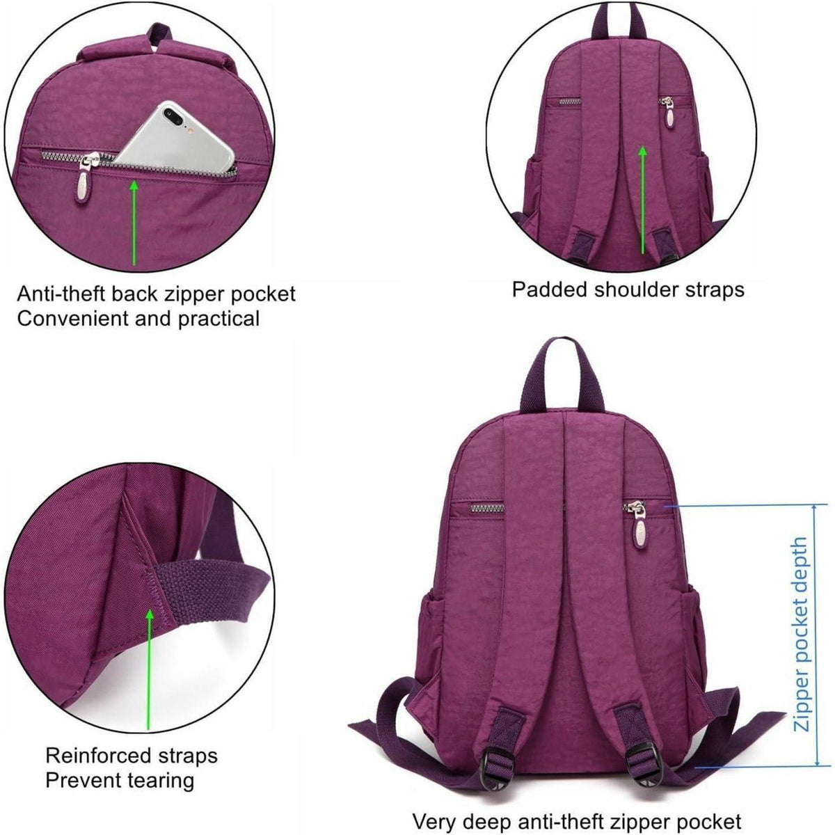 Damen Rucksack Nylon Leicht Klein Brunet Violett 9L
