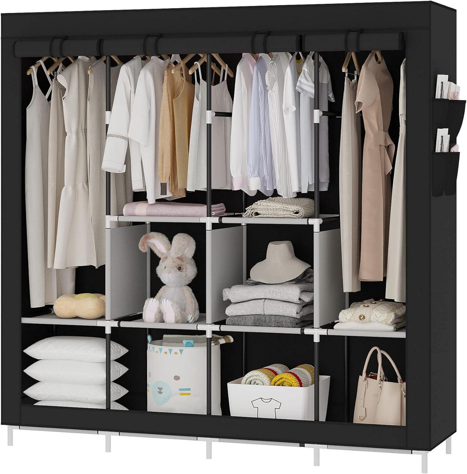 Stoffschrank mit Reißverschluss und Regalen Schwarz