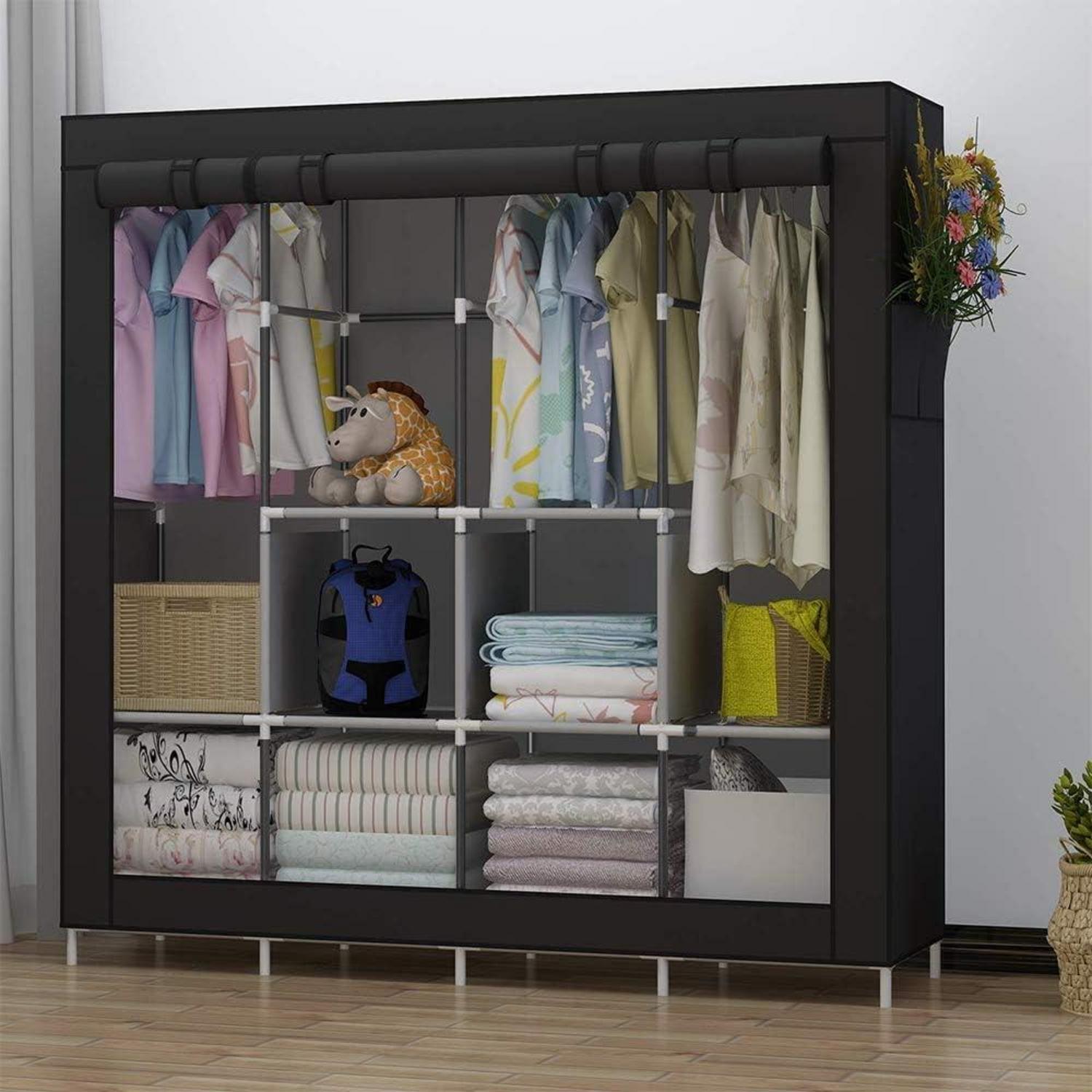 Stoffschrank mit Reißverschluss und Regalen Schwarz