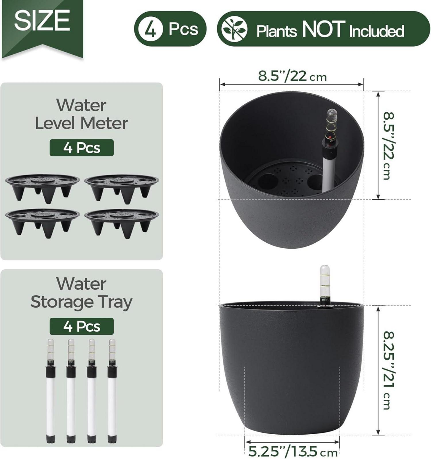 Selbstwässernder Blumentopf 22cm Schwarz 4er-Set für Innen