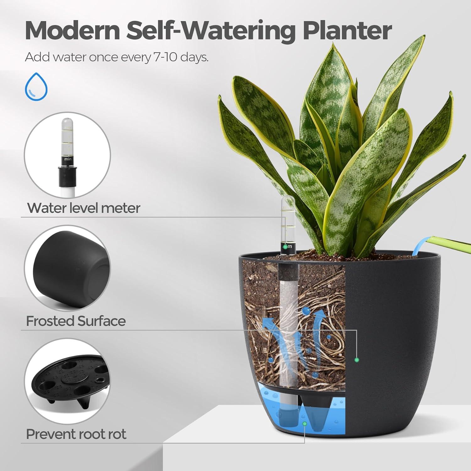 SELBSTWÄSSERNDER Blumentopf 22cm SCHWARZ 4er-Set für Innen Außen