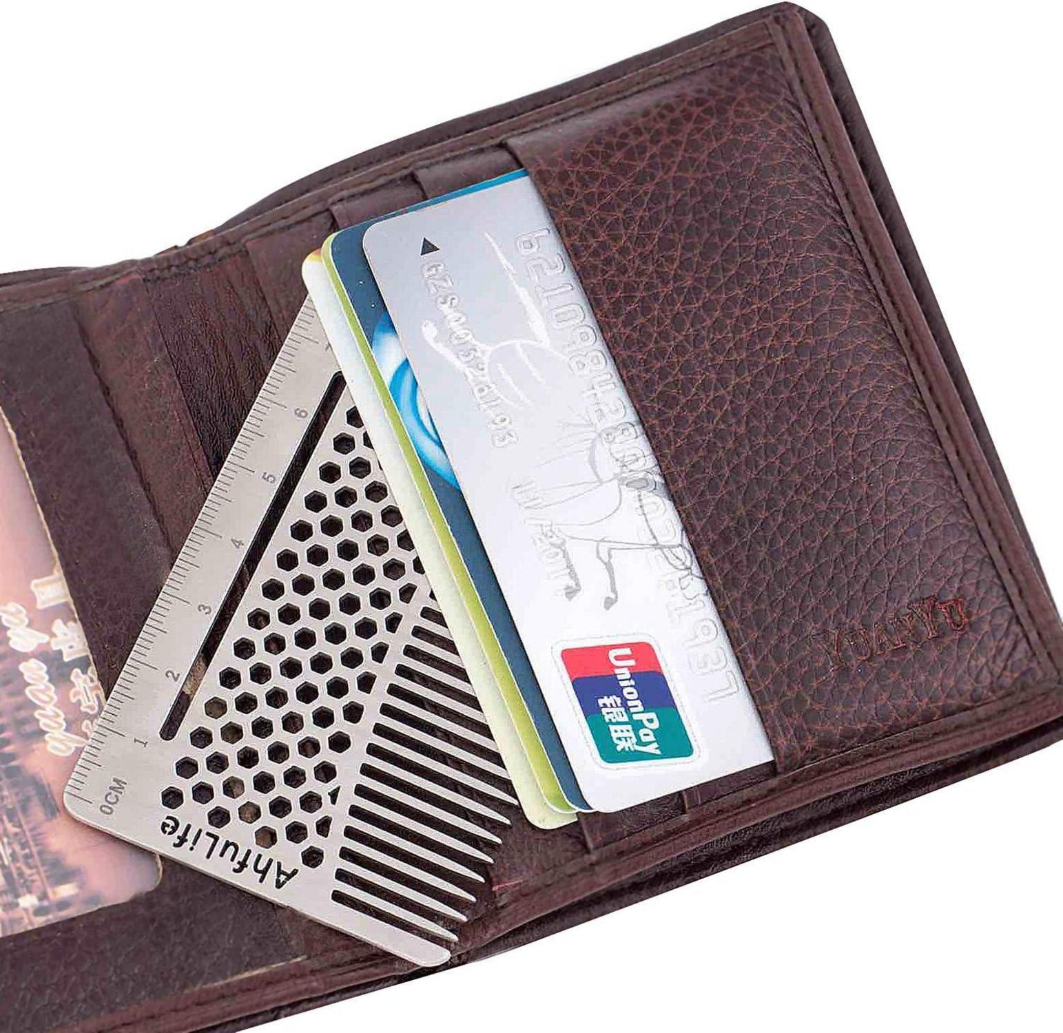 Metallkamm und Bartkamm EDC-Kamm Kreditkartenformat für Brieftasche - Antistatischer Bartkamm Doppelseitiger