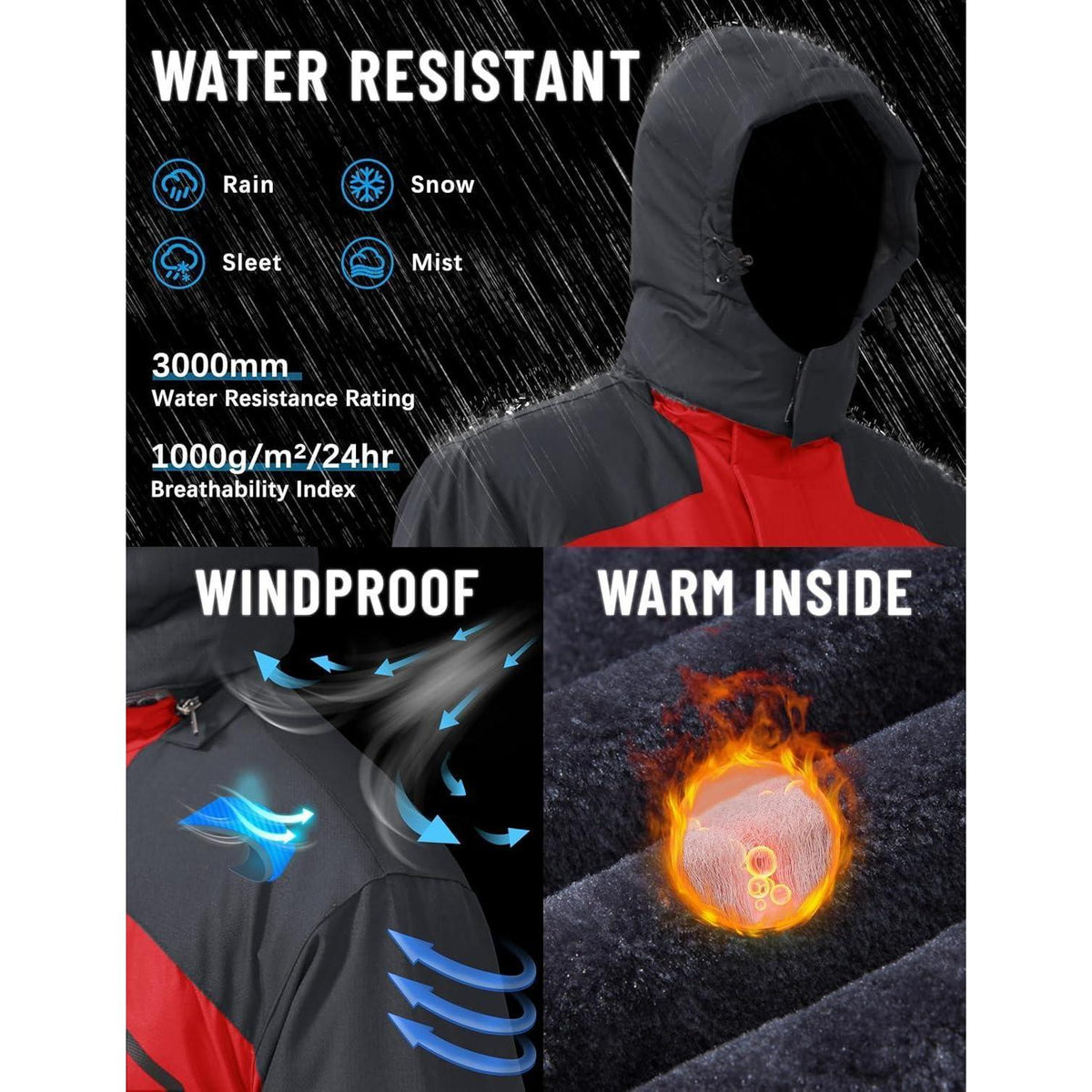 Herren Winterjacke wasserdicht warm mit Kapuze L Rot