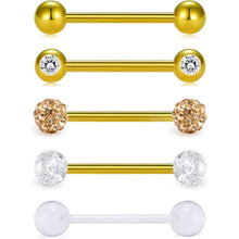 Zungenpiercing Set 5 Stück 16mm Barbell Chirurgenstahl Kunststoff Gold