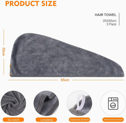 Mikrofaser Haarturban mit Knopf 3er Set grau 25cmx65cm