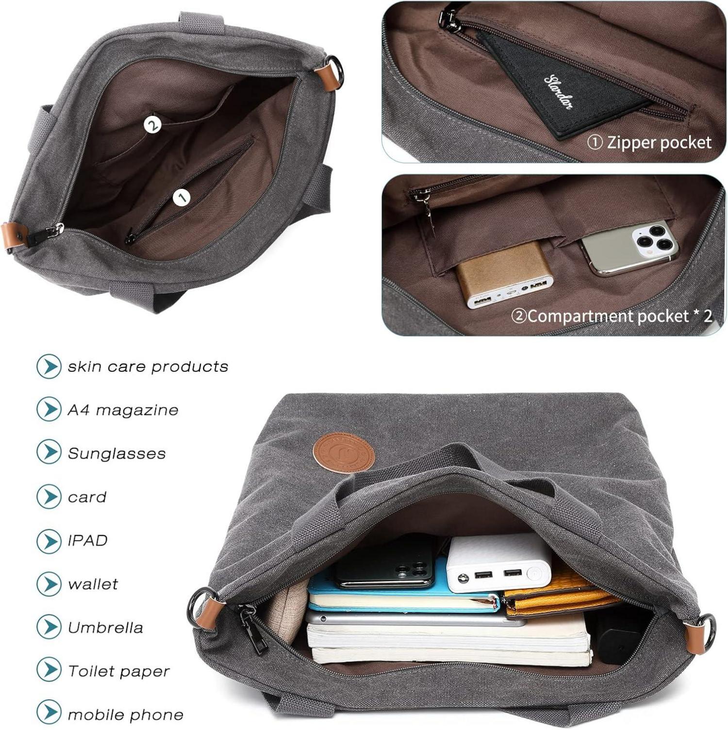 Große Damen Canvas Handtasche Schultertasche Multifunktionale Umhängetasche Grau