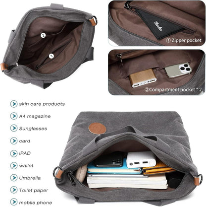 Große Damen Canvas Handtasche Schultertasche Multifunktionale Umhängetasche Grau