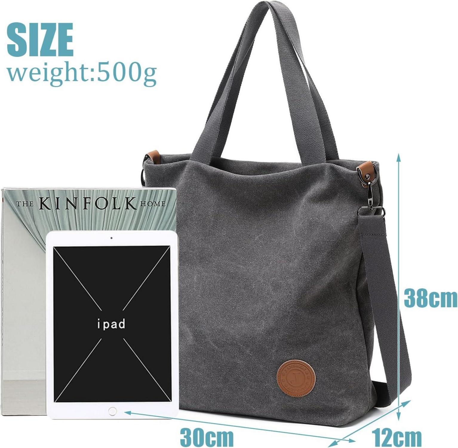 JANSBEN Damen Canvas Handtasche Schultertasche Multifunktionale Umhängetasche Groß Schwarz