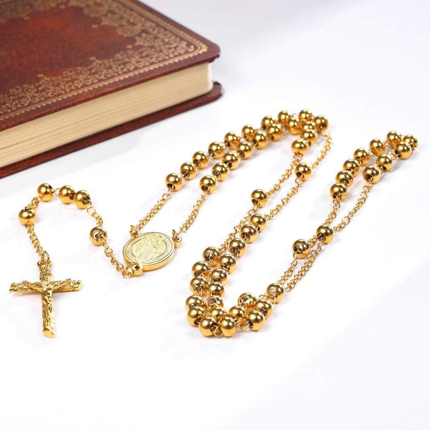 FaithHeart Rosenkranz Halskette Damen Heiliger Benedikt Anhänger Geschenkbox Weihnachten Gold
