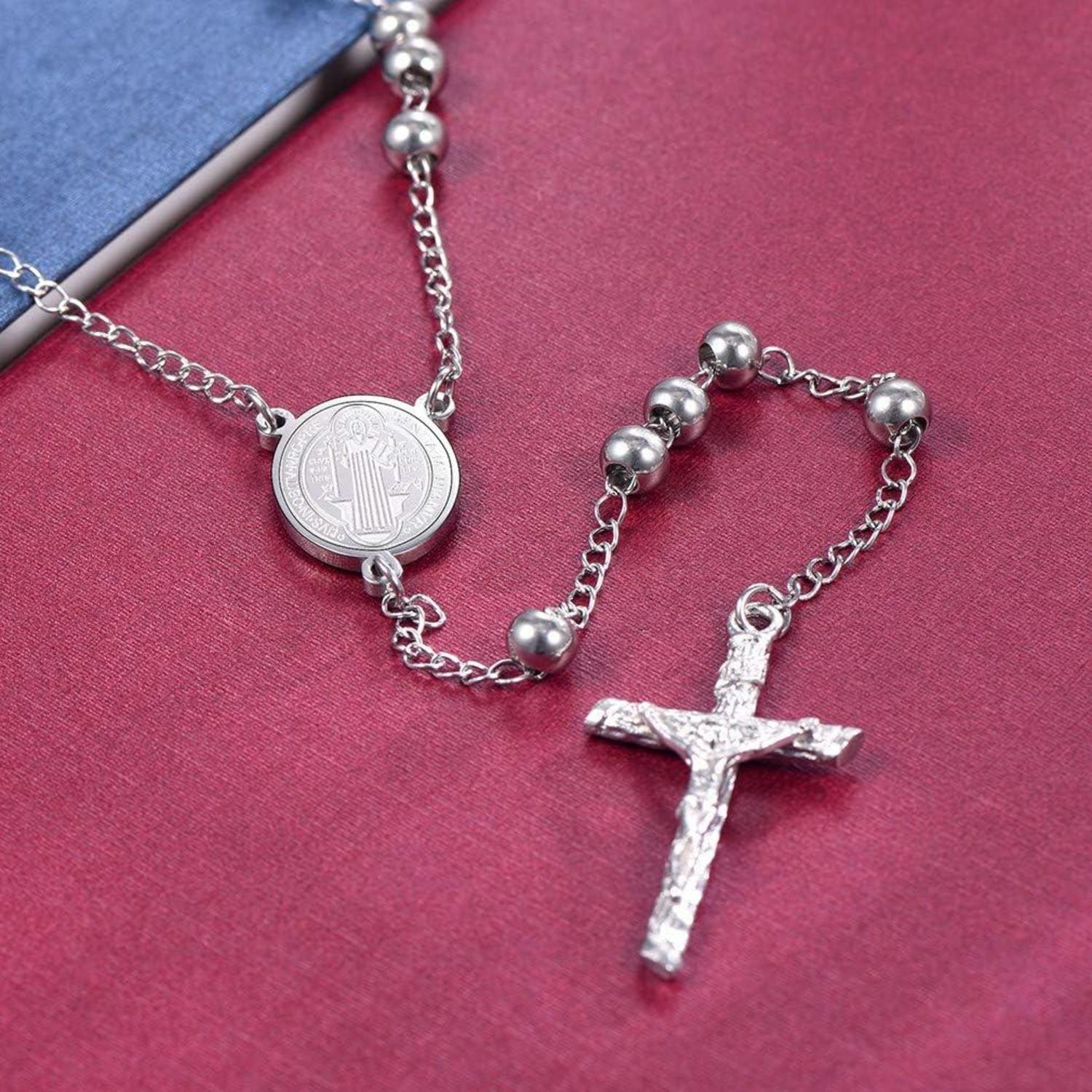 FaithHeart Rosenkranz Halskette Damen Heiliger Benedikt Anhänger Silber