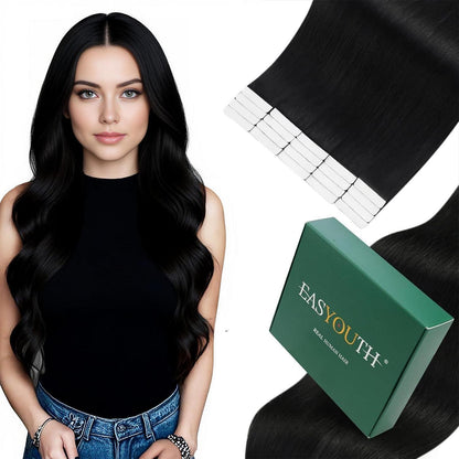 Schwarz Tape-In Haarverlängerung Echthaar 60cm - 50g