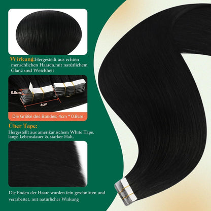 Schwarz Tape-In Haarverlängerung Echthaar 60cm - 50g