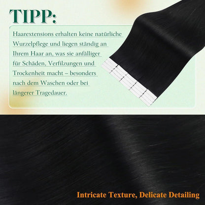 Schwarz Tape-In Haarverlängerung Echthaar 60cm - 50g