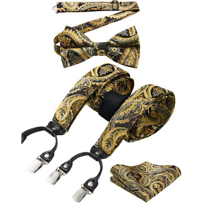 Hosenträger Set Herren mit Fliege & Einstecktuch, Gold Paisley