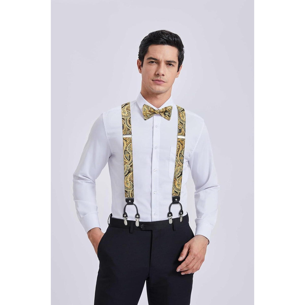 Hosenträger Set Herren mit Fliege & Einstecktuch, Gold Paisley