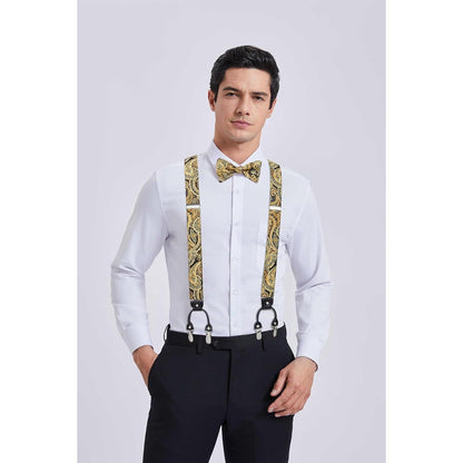 Hosenträger Set Herren mit Fliege & Einstecktuch, Gold Paisley