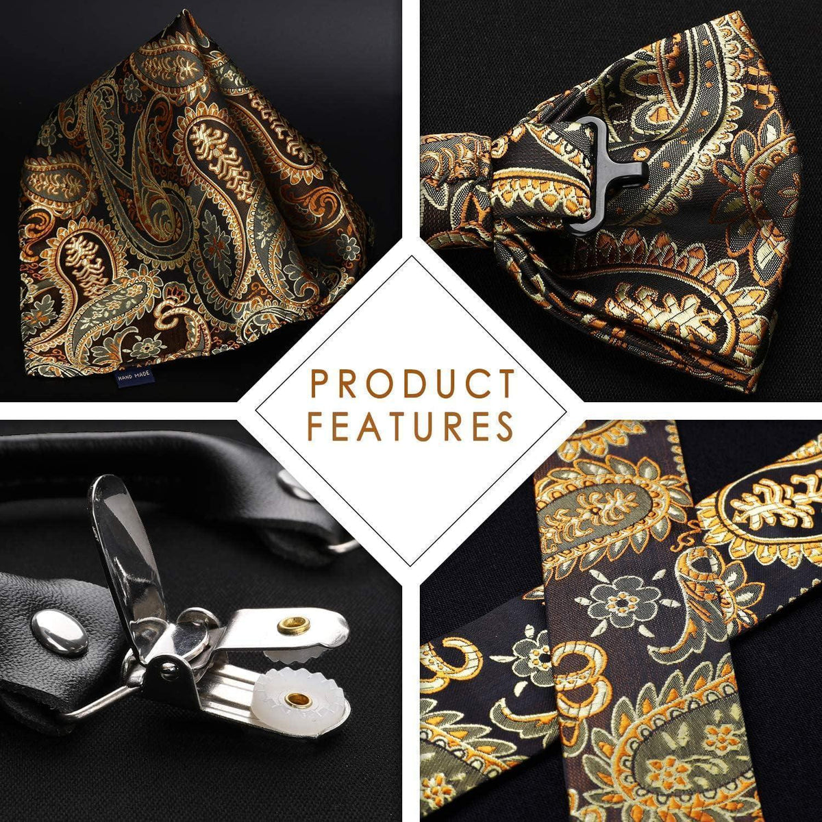 Hosenträger Set Herren mit Fliege & Einstecktuch, Gold Paisley