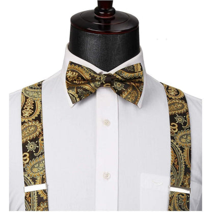 Hosenträger Set Herren mit Fliege & Einstecktuch, Gold Paisley