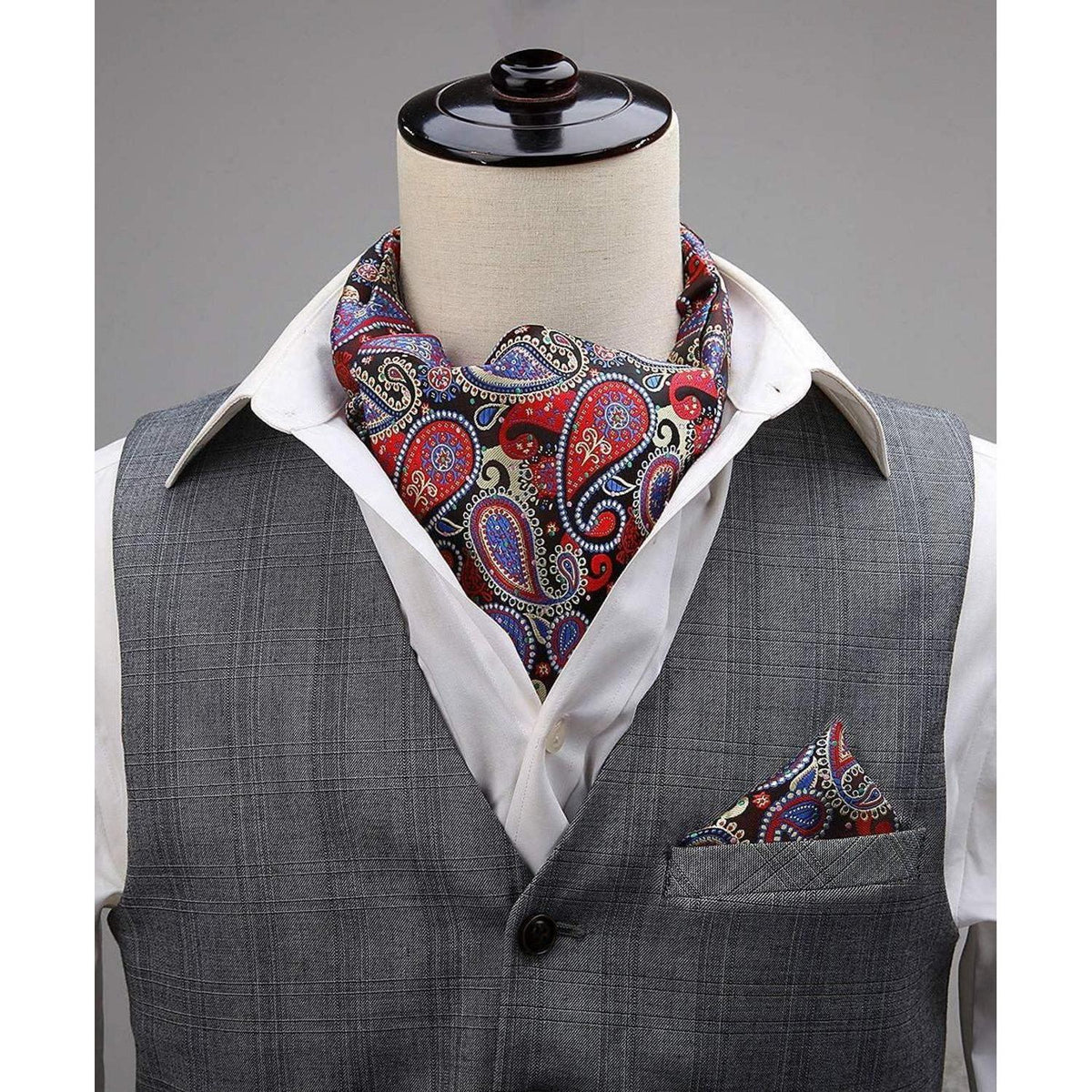 Herren Ascot Krawattenschal Set Paisley Jacquard Rot/Blau/Gelb