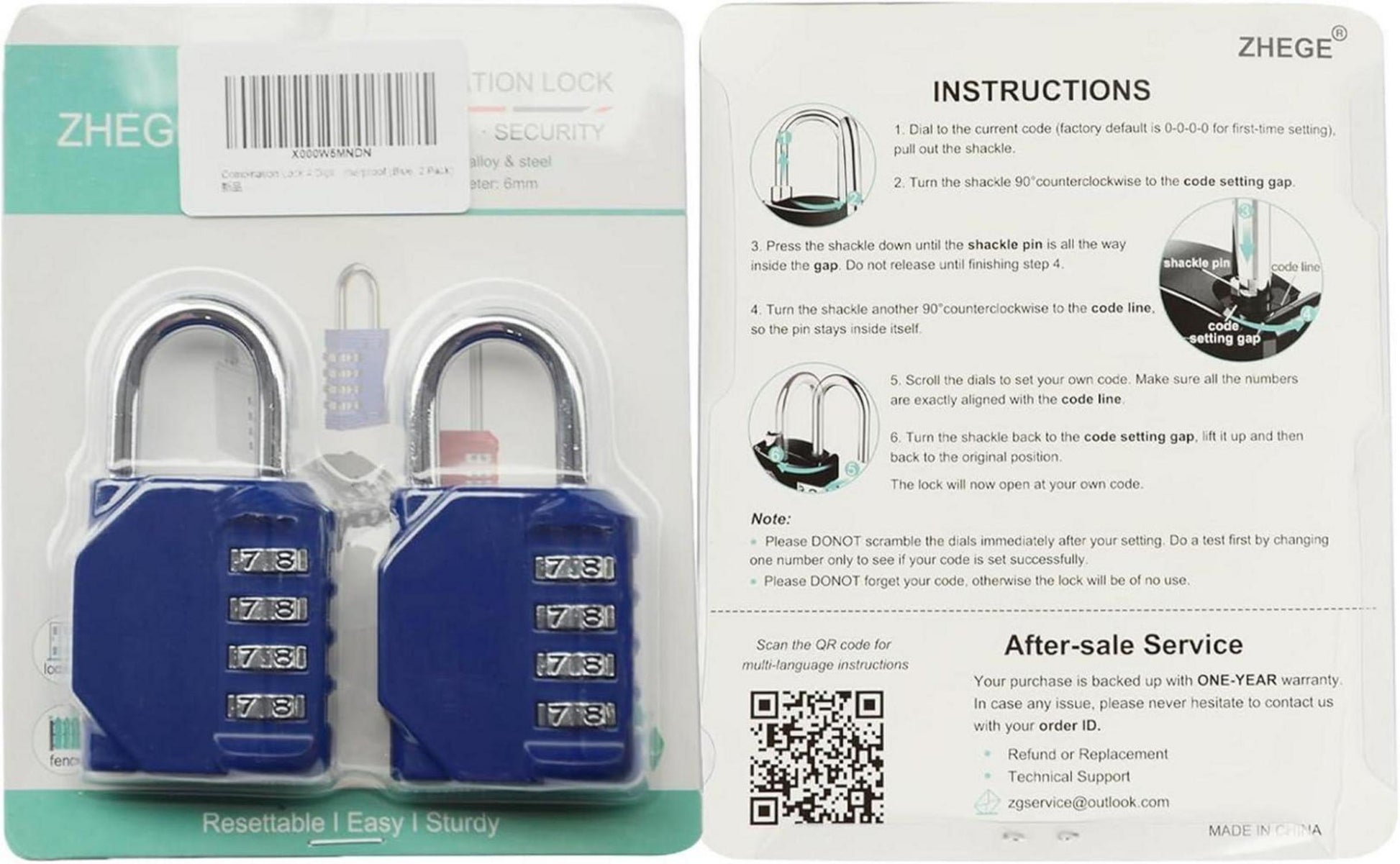 ZHEGE 4-stelliges Zahlenschloss für Fitnessstudio und Schule, 2 Stück Blau