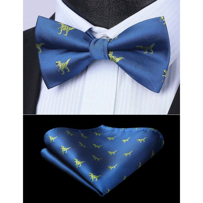 Herren Fliege Einstecktuch Set Blau mit Bäumen Muster