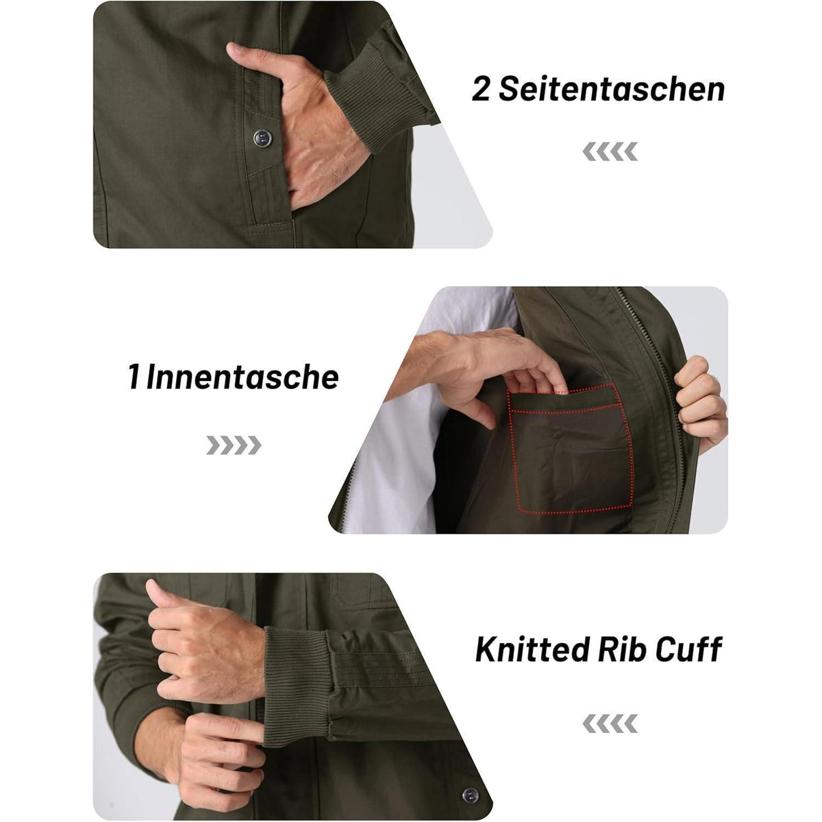 Herren Übergangsjacke Cargo Militärjacke Winddicht Viele Taschen Armeegrün