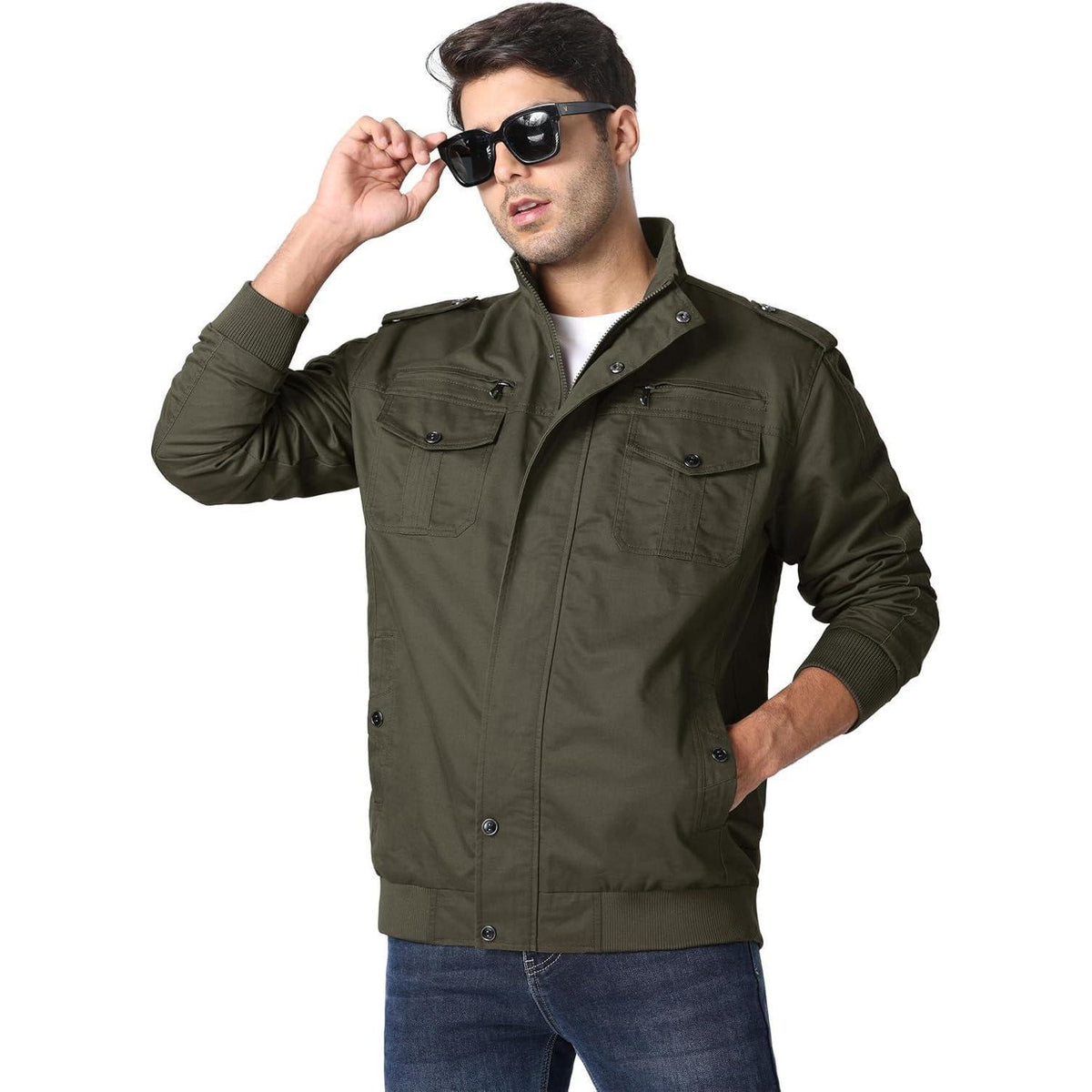 Herren Übergangsjacke Cargo Militärjacke Winddicht Viele Taschen Armeegrün