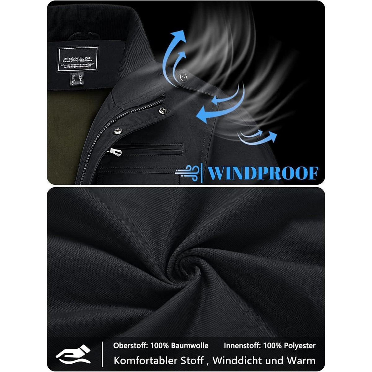 Herren Übergangsjacke Cargo Militärjacke Winddicht Viele Taschen Schwarz