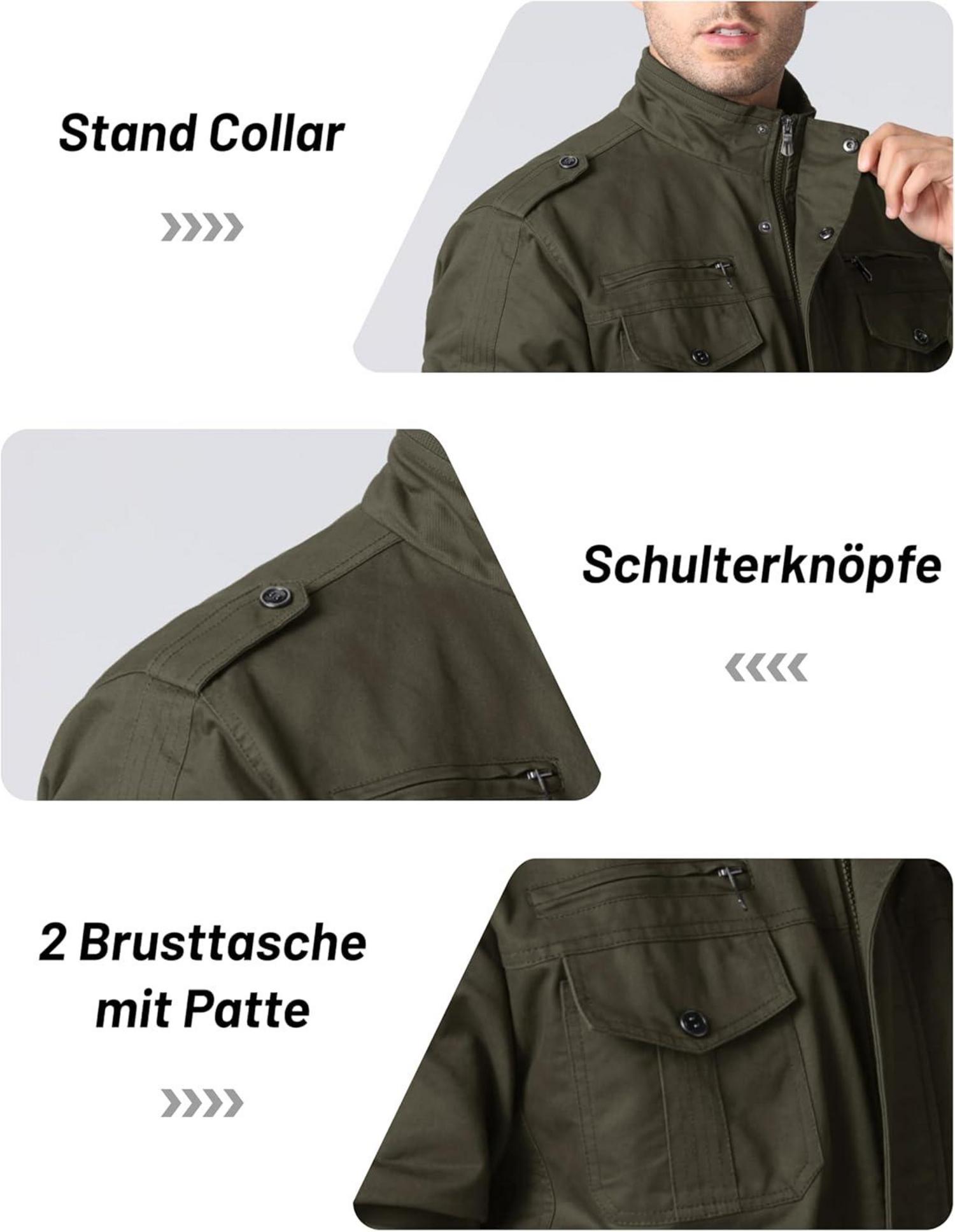 Übergangsjacke Herren Militär Winddicht Cargo Stehkragen S Armeegrün