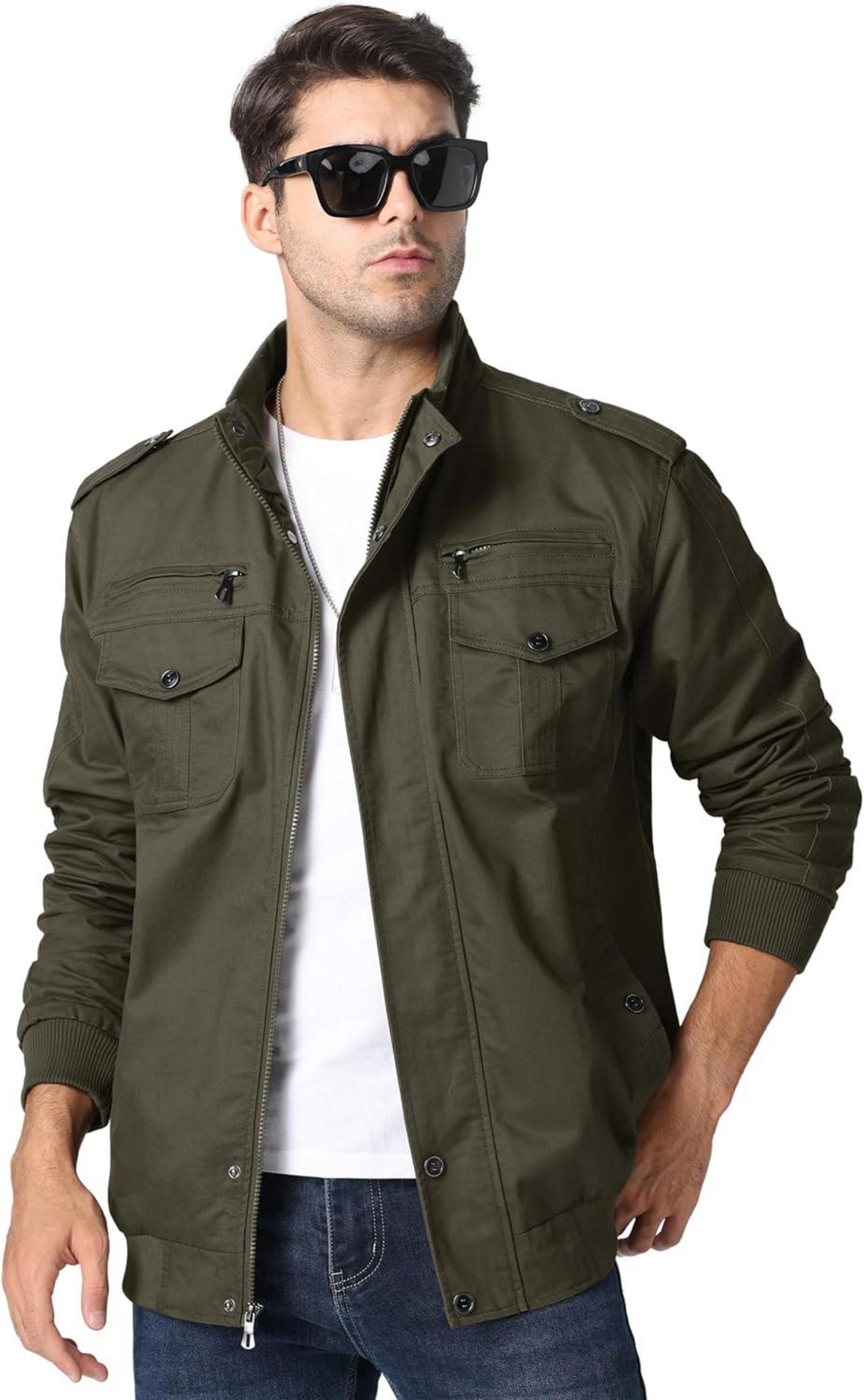 Übergangsjacke Herren Militär Cargo Winddicht mit Taschen S Armeegrün